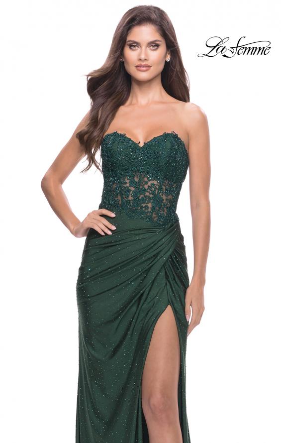 Picture of: Sheer Lace Applique Bodice Dress with Jersey Skirt in Dark Emerald, Style: 31343, Detail Picture 11