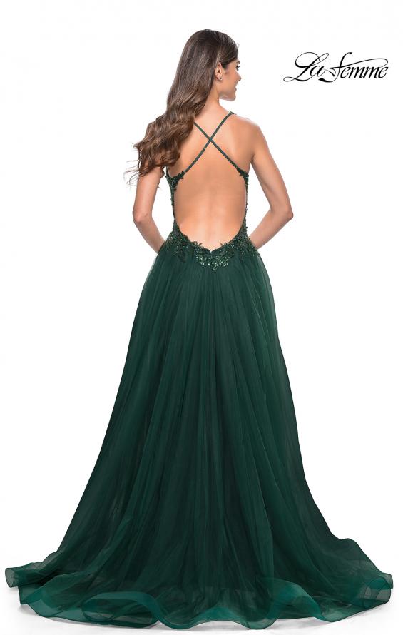 Picture of: Tulle A-Line Gown with Sheer and Beaded Lace Detail in Dark Emerald, Style: 31471, Detail Picture 11