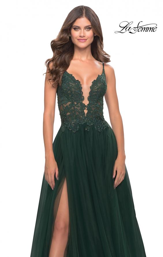 Picture of: A Line Tulle Gown with Lace Bodice and V Back in Dark Emerald, Style: 31507, Detail Picture 11