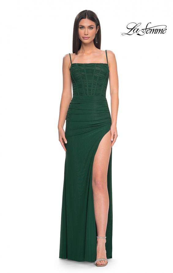 Picture of: Bustier Net Jersey Prom Dress with Ruching and High Slit in Dark Emerald, Style: 32161, Detail Picture 11