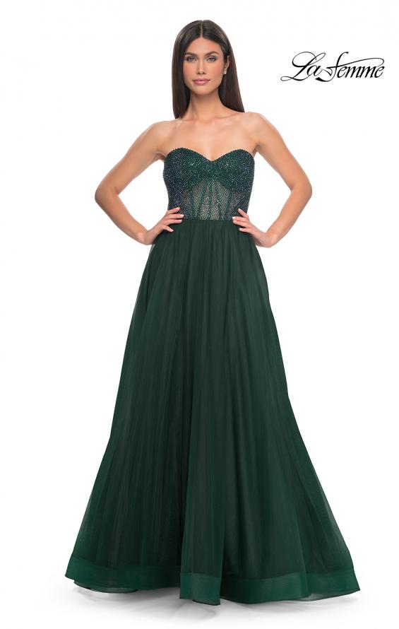Picture of: A-Line Tulle Prom Dress with Rhinestone Fishnet Bodice in Dark Emerald, Style: 32216, Detail Picture 11