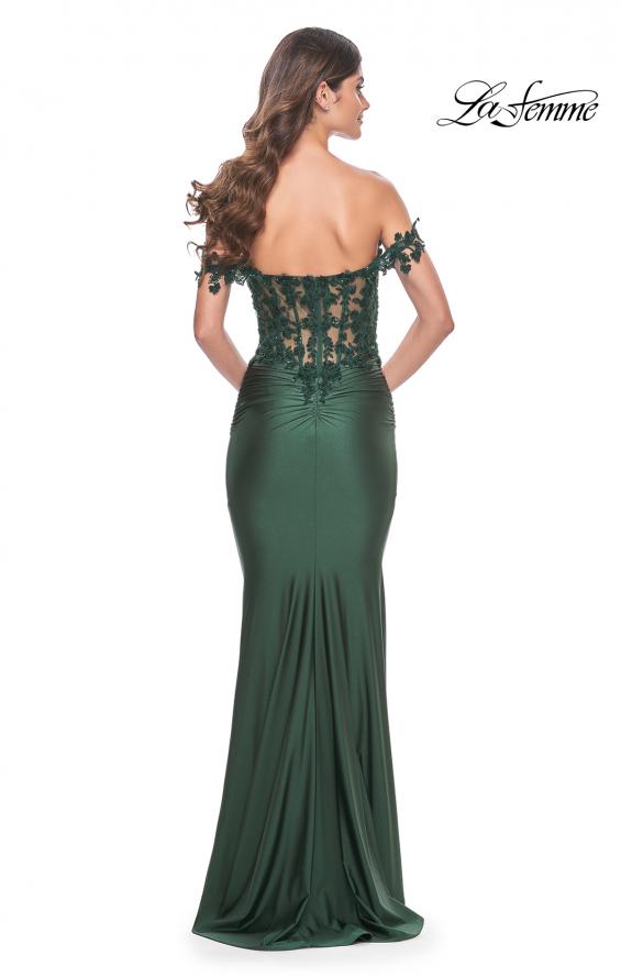 Picture of: Sheer Lace Bodice with Off the Shoulder Straps and Jersey Skirt Gown in Dark Emerald, Style: 32302, Detail Picture 11