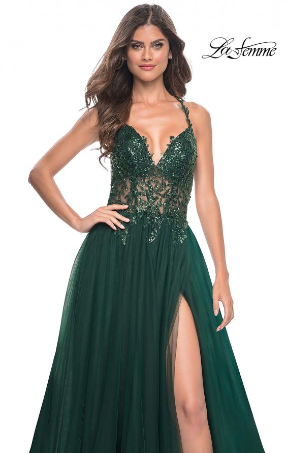 Picture of: Tulle A-Line Gown with Sheer and Beaded Lace Detail in Dark Emerald, Style: 31471, Detail Picture 12