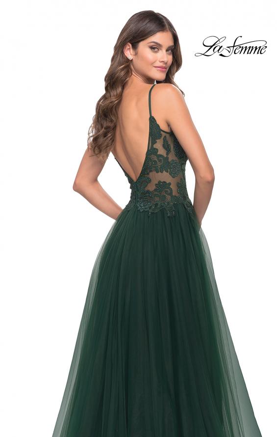 Picture of: A Line Tulle Gown with Lace Bodice and V Back in Dark Emerald, Style: 31507, Detail Picture 12