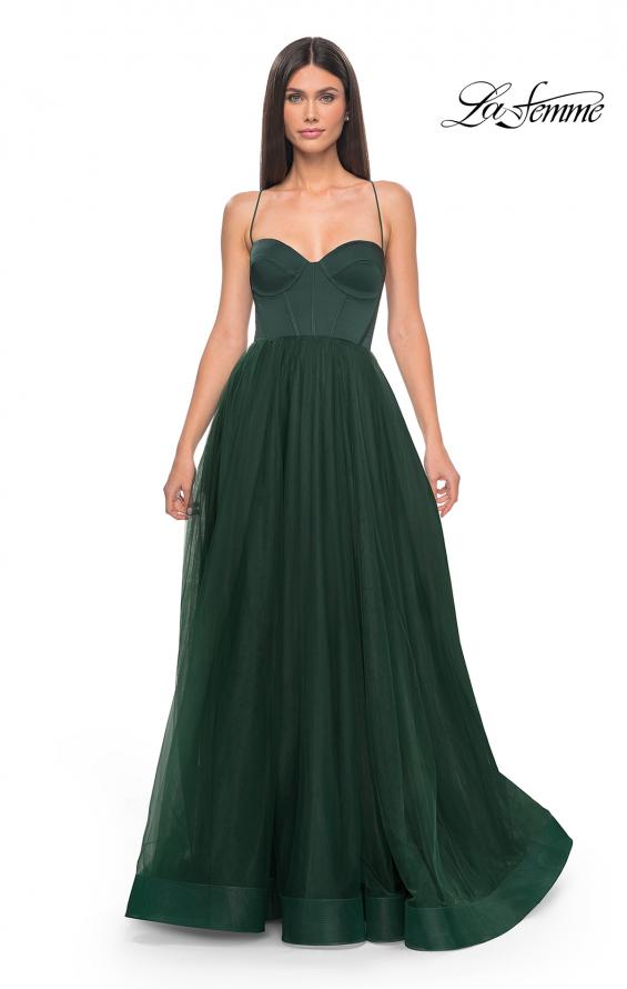 Picture of: Tulle A-Line Gown with Satin Bustier Top in Dark Emerald, Style: 32065, Detail Picture 12