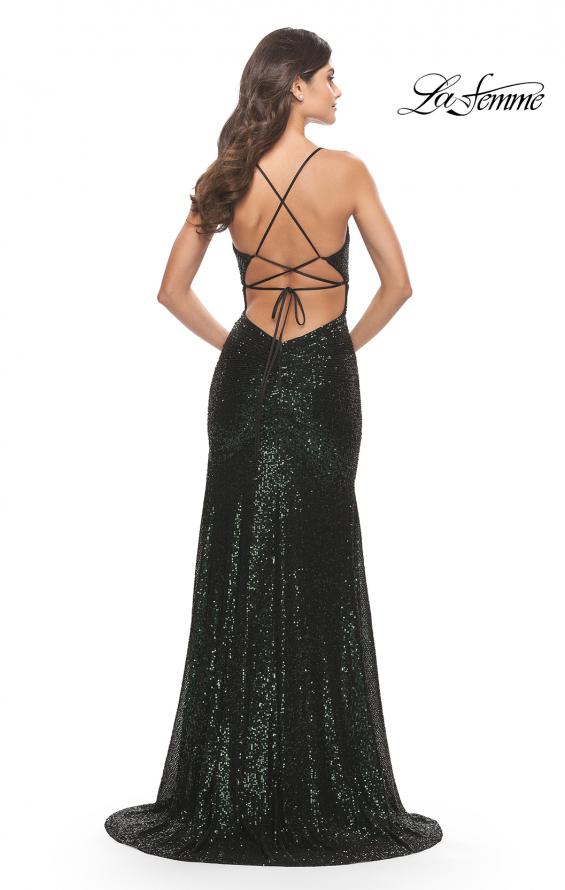 Picture of: Long Sequin Gown with Dramatic Flare Skirt and Slit in Dark Emerald, Style: 31140, Detail Picture 13
