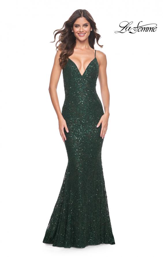 Picture of: Beaded Lace Mermaid Gown with Sheer Side Panels in Dark Emerald, Style: 32309, Detail Picture 13