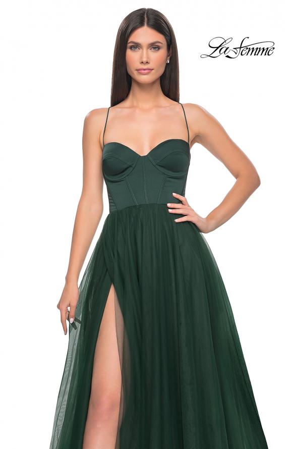 Picture of: Tulle A-Line Gown with Satin Bustier Top in Dark Emerald, Style: 32065, Detail Picture 14