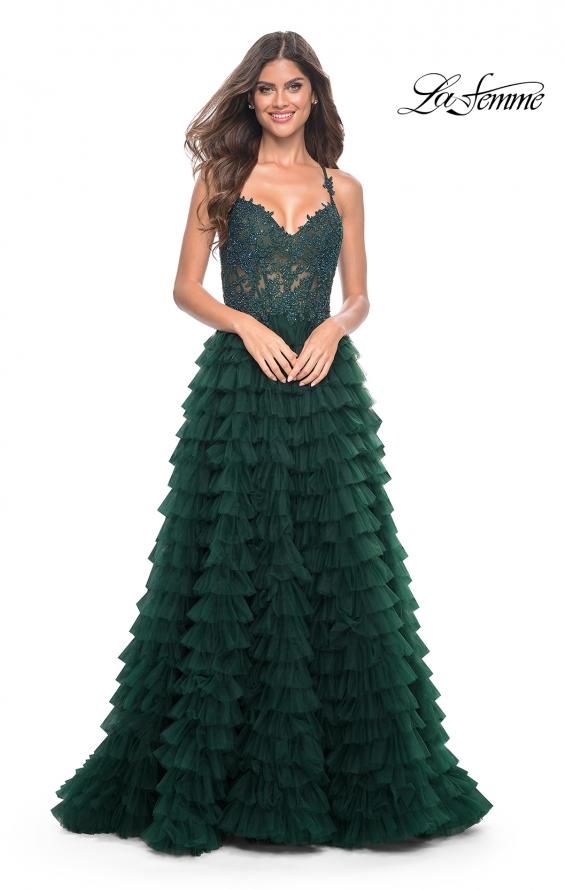 Picture of: Ruffle Tulle Prom Gown with Illusion Lace Bodice and High Slit in Dark Emerald, Style: 32128, Detail Picture 14