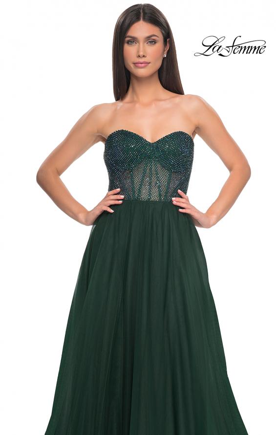 Picture of: A-Line Tulle Prom Dress with Rhinestone Fishnet Bodice in Dark Emerald, Style: 32216, Detail Picture 14