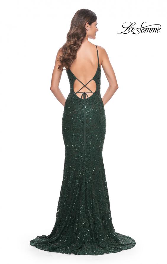 Picture of: Beaded Lace Mermaid Gown with Sheer Side Panels in Dark Emerald, Style: 32309, Detail Picture 14