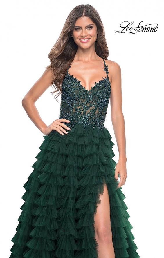 Picture of: Ruffle Tulle Prom Gown with Illusion Lace Bodice and High Slit in Dark Emerald, Style: 32128, Detail Picture 15