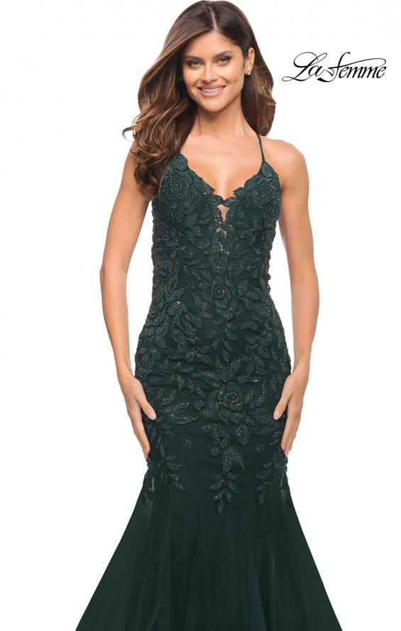 Picture of: Mermaid Tulle and Lace Jeweled Prom Dress in Dark Emerald, Style: 30584, Detail Picture 16