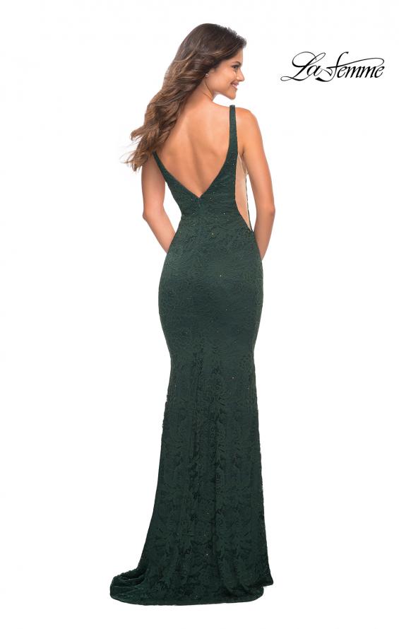 Picture of: Chic Stretch Lace Gown with Deep V Neckline in Dark Emerald, Back Picture