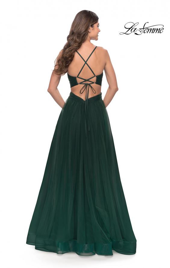 Picture of: Tulle Ball Gown with Side Cut Outs and High Slit in Dark Emerald, Style: 31347, Back Picture