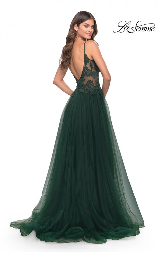 Picture of: A Line Tulle Gown with Lace Bodice and V Back in Dark Emerald, Style: 31507, Back Picture