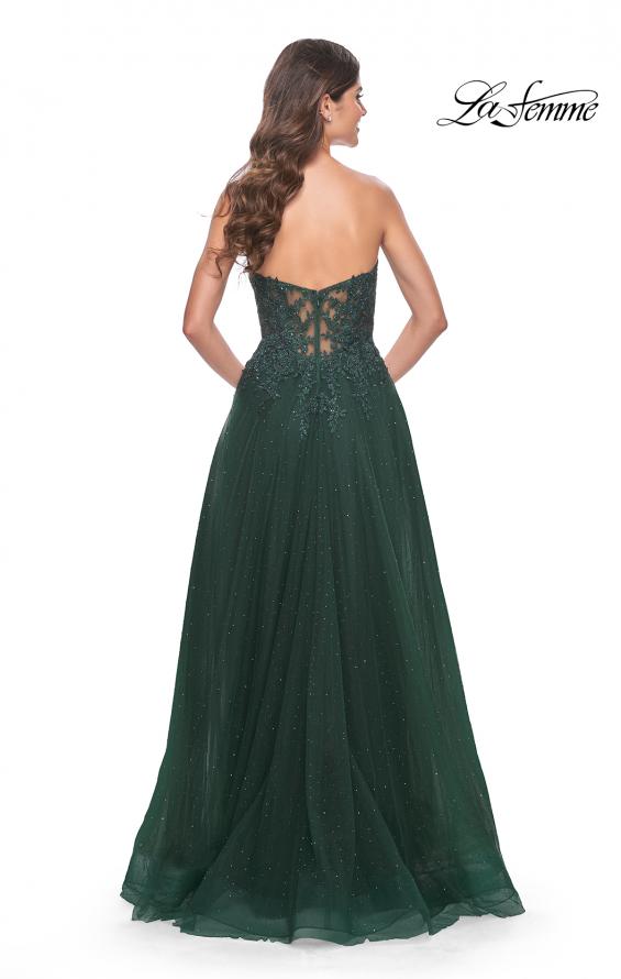 Picture of: Rhinestone Tulle A-Line Gown with Lace Bodice in Jewel Tones in Dark Emerald, Style: 32253, Back Picture