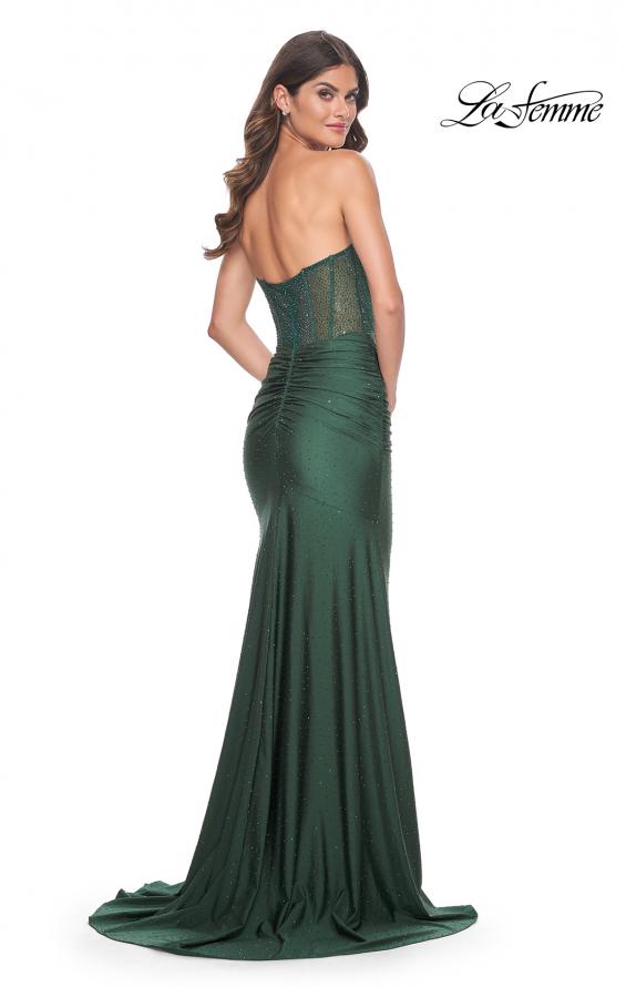 Picture of: Rhinestone Embellished Gown with Ruched Skirt in Dark Emerald, Style: 32316, Back Picture