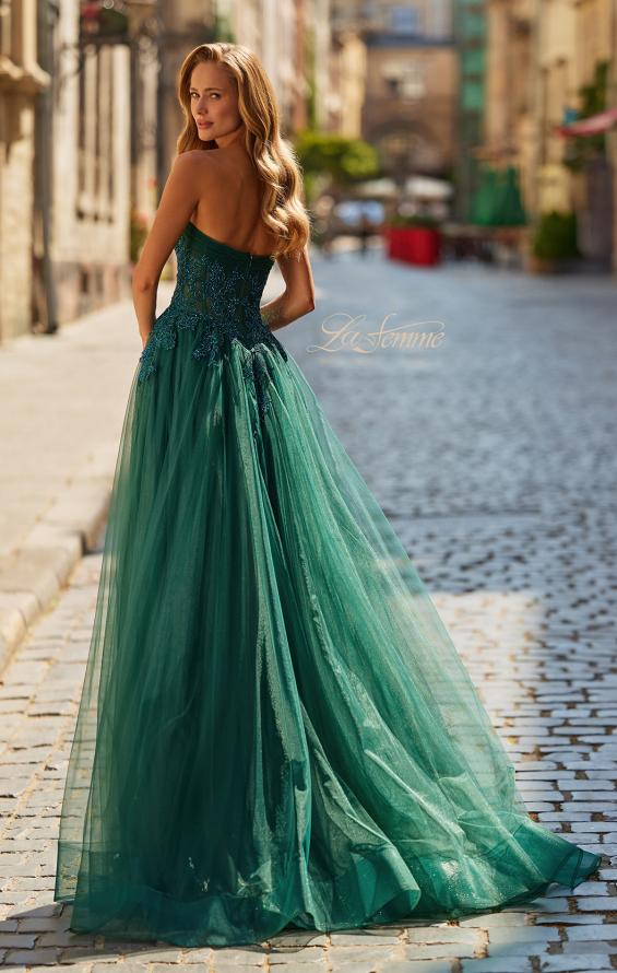 Picture of: Strapless A-Line Gown with Embroidered Corset and Slit in Dark Emerald, Style: 33528, Back Picture