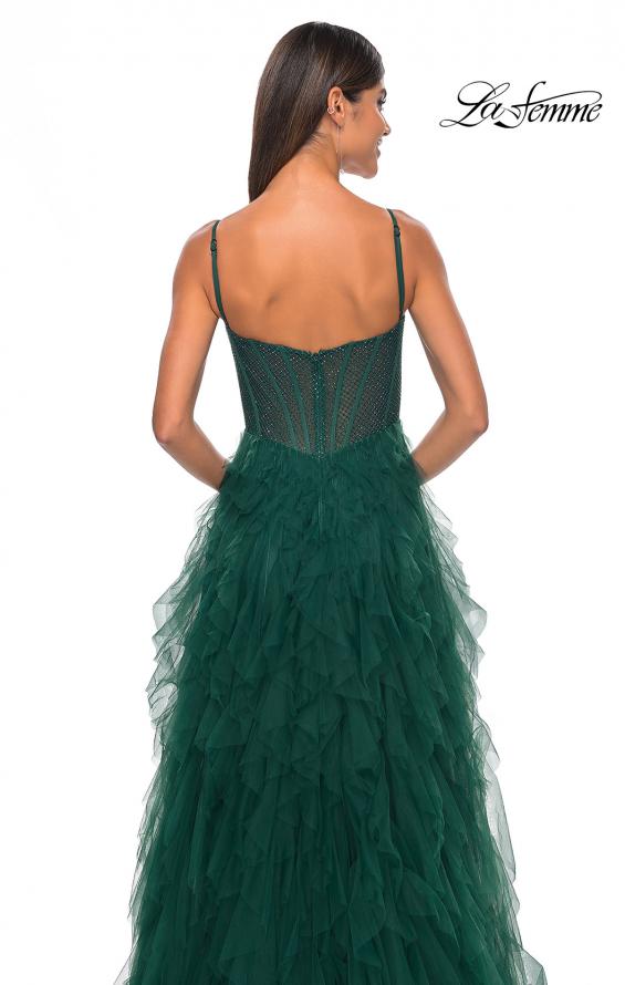 Picture of: Tulle A-Line Dress with Ruffle Skirt and Buster Rhinestone Fishnet Bodice in Dark Emerald, Style: 32233, Detail Picture 21