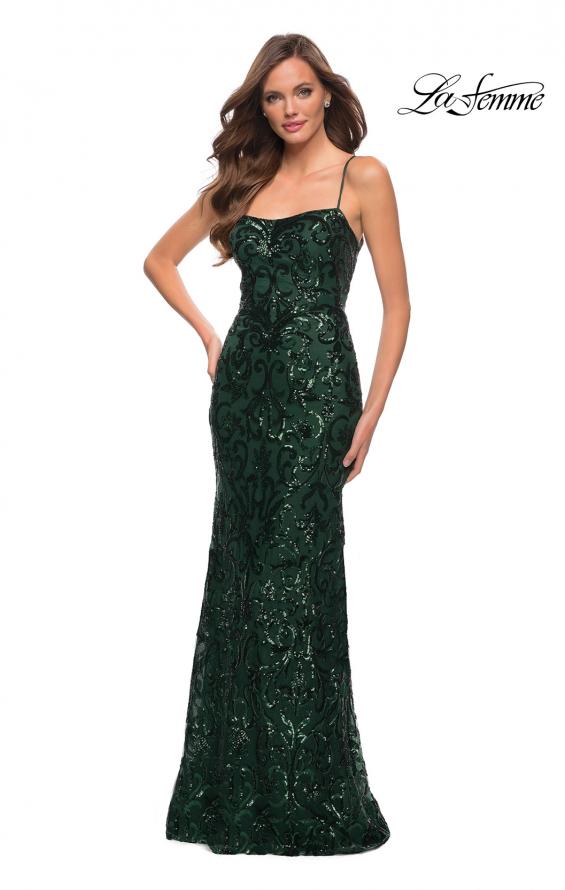 Picture of: Print Sequin Long Dress with Lace Up Back in Dark Emerald, Style 29638, Detail Picture 1
