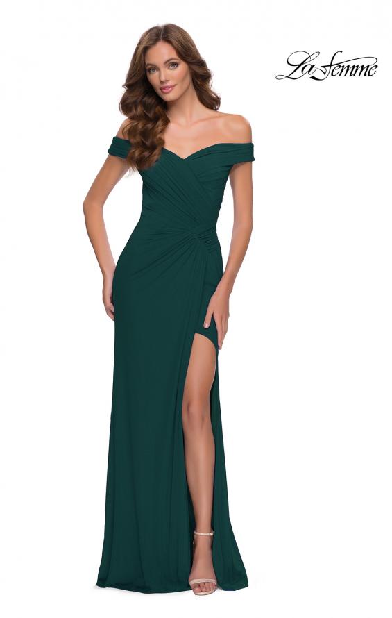Picture of: Off the Shoulder Net Jersey Dress with Ruching in Dark Emerald, Style 29756, Detail Picture 1