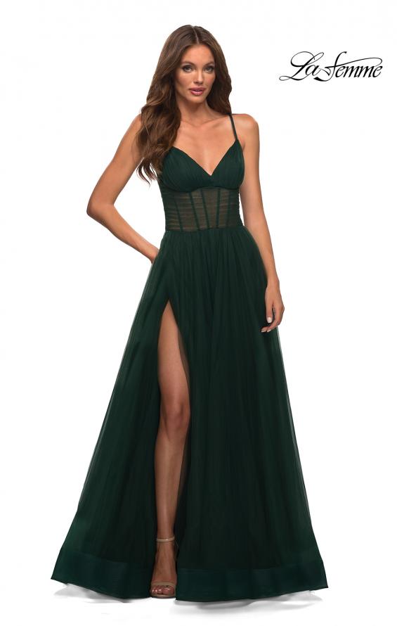 Picture of: Tulle A-line Prom Dress with Corset Sheer Bodice in Dark Emerald, Detail Picture 1