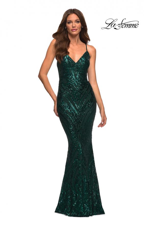 Picture of: Print Sequin Gown in Jewel Tones with V Neckline in Green, Style: 30496, Detail Picture 1