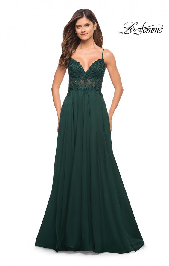 Picture of: A-line Gown with Sheer Floral Embellished Bodice in Emerald in Dark Emerald, Style: 30639, Detail Picture 1