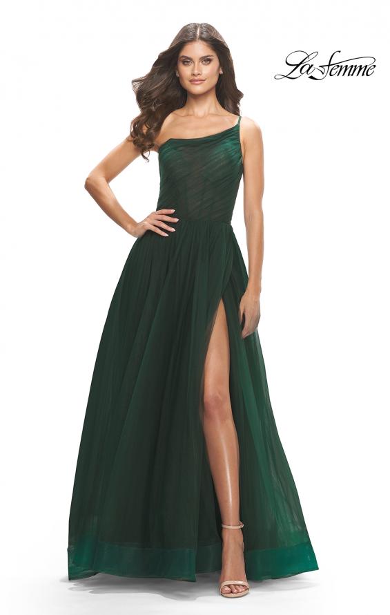 Picture of: One Shoulder A-Line Tulle Gown with Sheer Bodice in Dark Emerald, Style: 31069, Detail Picture 1
