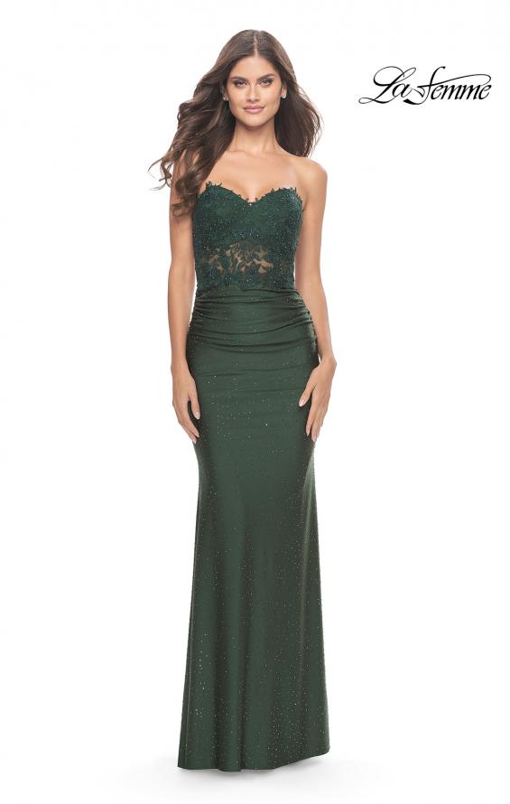 Picture of: Sweetheart Strapless Jersey Gown with Lace Sheer Bodice in Dark Emerald, Style: 31180, Detail Picture 1