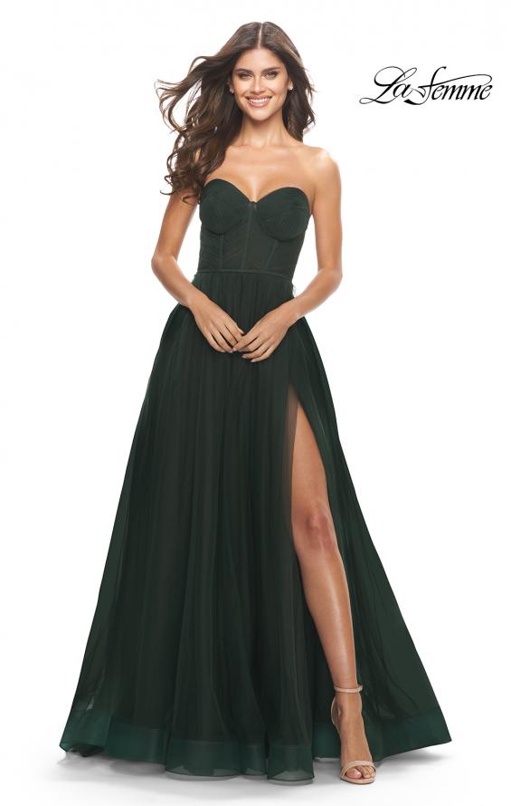 Picture of: Illusion Bodice A-line Gown with Boning and Defined Cups in Dark Emerald, Style: 31205, Detail Picture 1