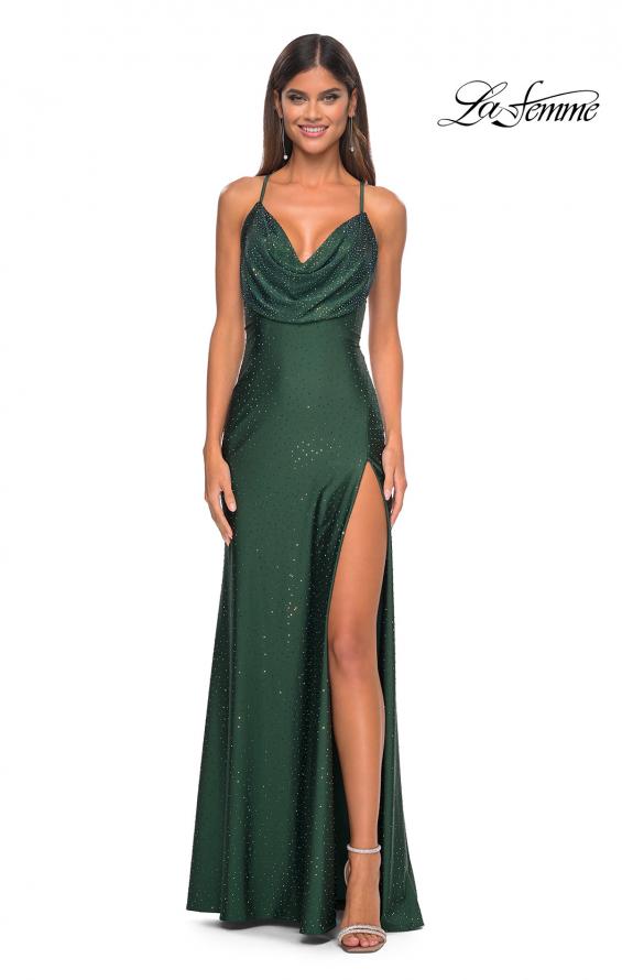Picture of: Drape Neckline Jeweled Jersey Prom Dress with High Slit in Dark Emerald, Style: 31221, Detail Picture 1