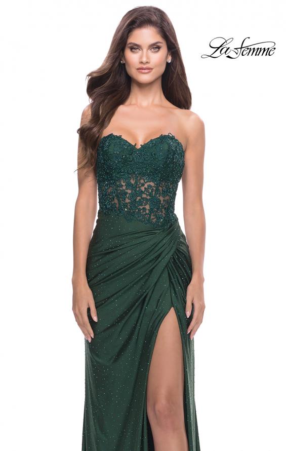 Picture of: Sheer Lace Applique Bodice Dress with Jersey Skirt in Dark Emerald, Style: 31343, Detail Picture 1