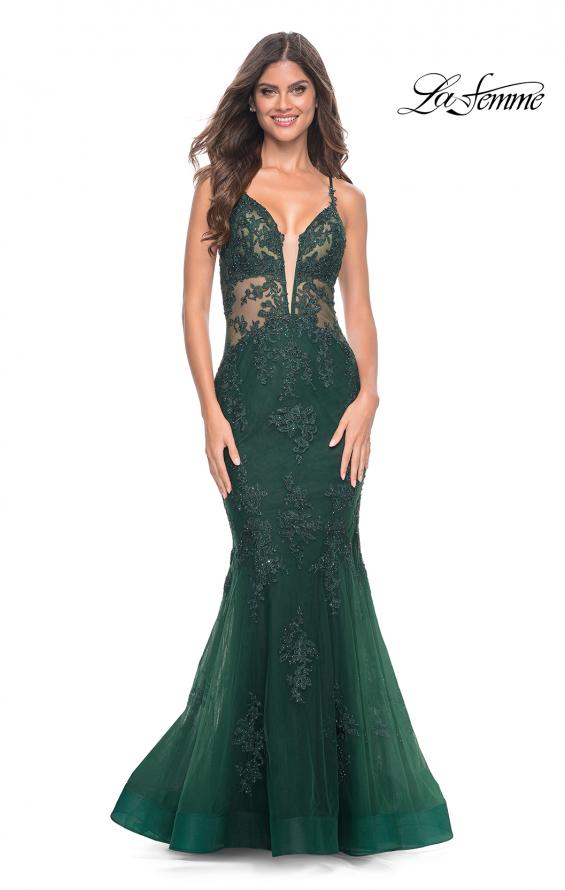 Picture of: Mermaid Tulle and Lace Dress with Strappy Back in Dark Emerald, Style: 32305, Detail Picture 1