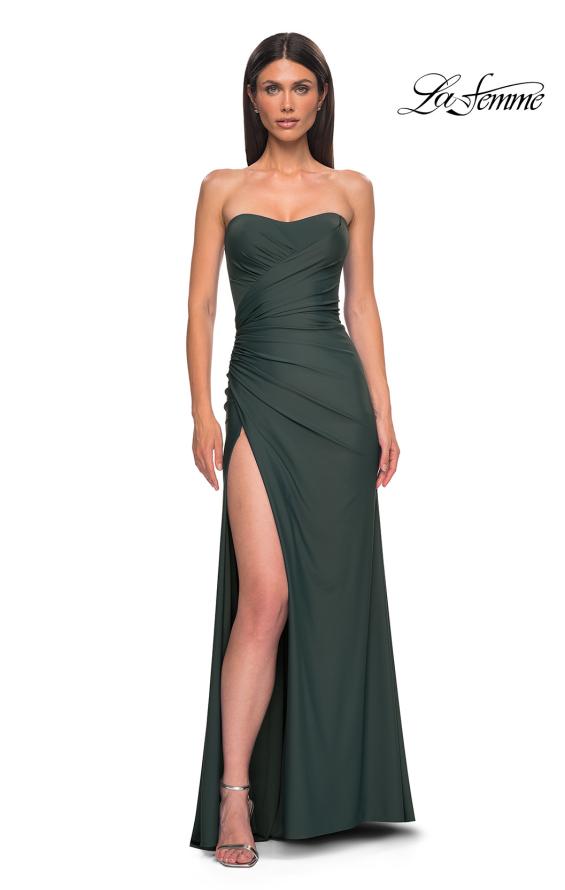 Picture of: Strapless Prom Dress with Side Ruching and Lace Up Back in Dark Emerald, Style 33012, Detail Picture 1