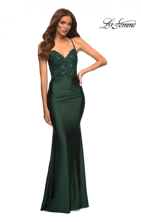Picture of: Jewel Tone Jersey Gown with Sheer Lace Bodice in Green, Style: 30521, Detail Picture 2