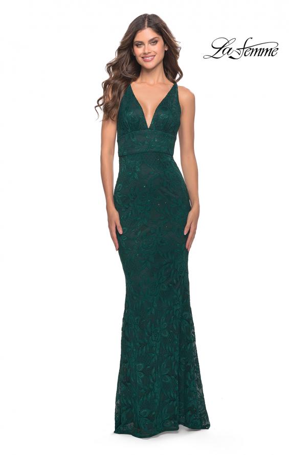 Picture of: Fitted Stretch Lace Prom Dress with Banded Waist in Dark Emerald, Style: 31234, Detail Picture 2