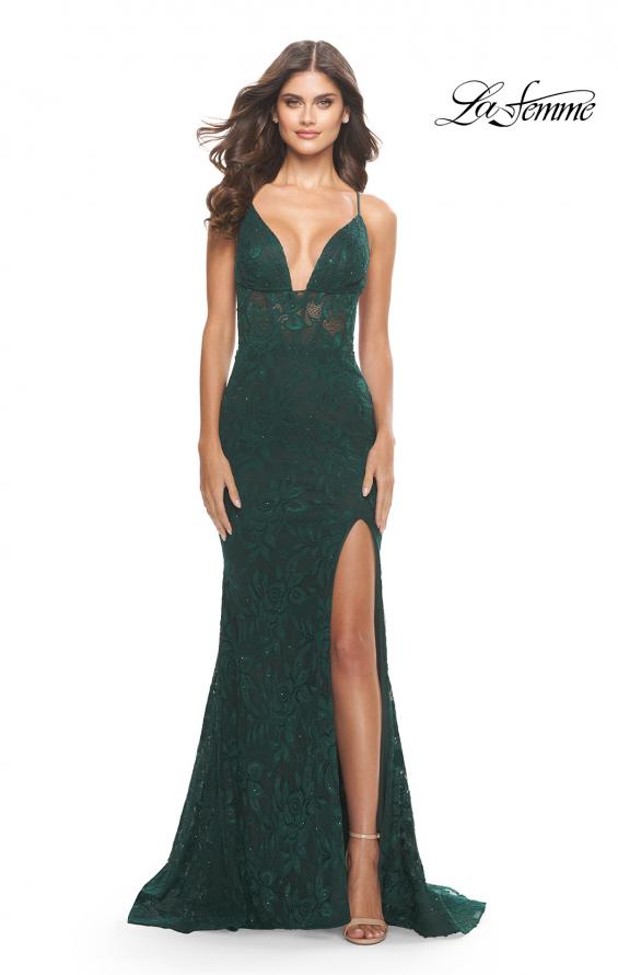 Picture of: Unique Stretch Lace Prom Dress with Sheer Bodice in Dark Emerald, Style: 31249, Detail Picture 2