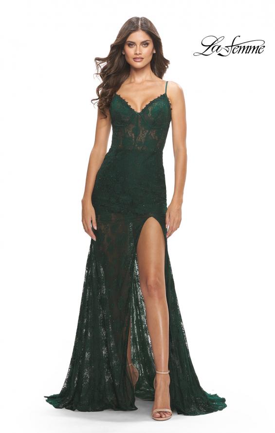 Picture of: Romper Stretch Lace Dress with Sheer Skirt and Bodice in Dark Emerald, Style: 31252, Detail Picture 2