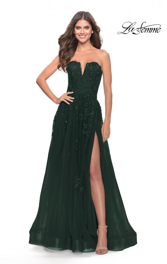Picture of: Strapless Deep V A-Line Tulle and Lace Gown in Dark Emerald, Style: 31345, Detail Picture 2
