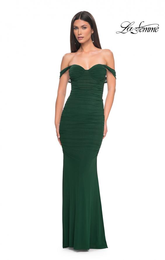 Picture of: Off the Shoulder Net Jersey Dress with Ruching in Dark Emerald, Style: 31914, Detail Picture 2