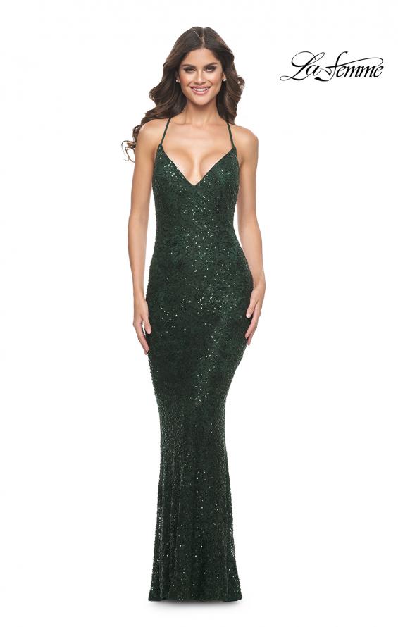 Picture of: Intricate Lace Up Back Prom Dress in Beaded Lace in Dark Emerald, Style: 31973, Detail Picture 2