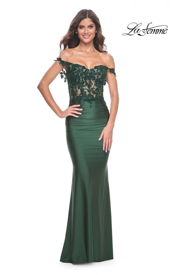 Picture of: Sheer Lace Bodice with Off the Shoulder Straps and Jersey Skirt Gown in Dark Emerald, Style: 32302, Detail Picture 2