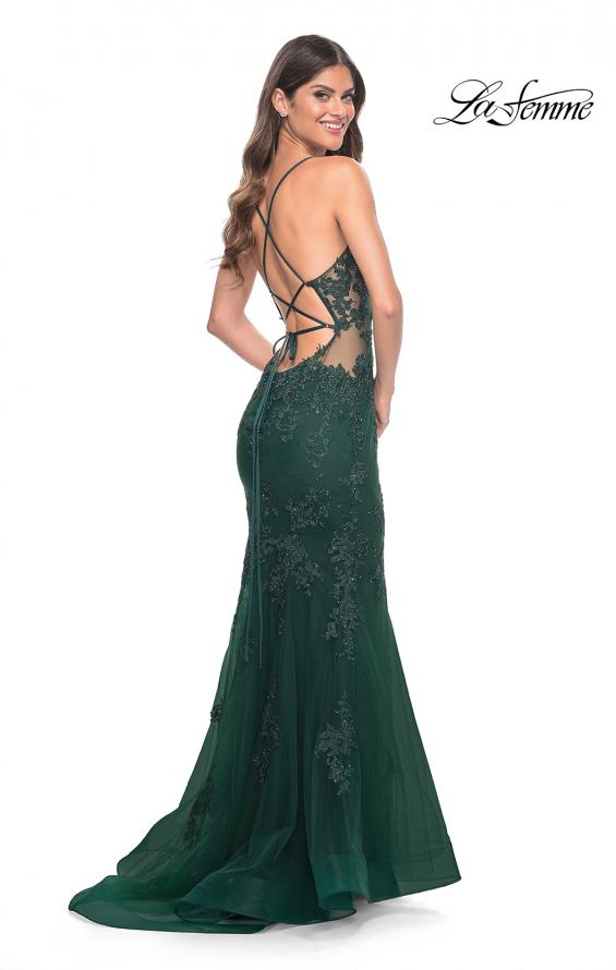 Picture of: Mermaid Tulle and Lace Dress with Strappy Back in Dark Emerald, Style: 32305, Detail Picture 2