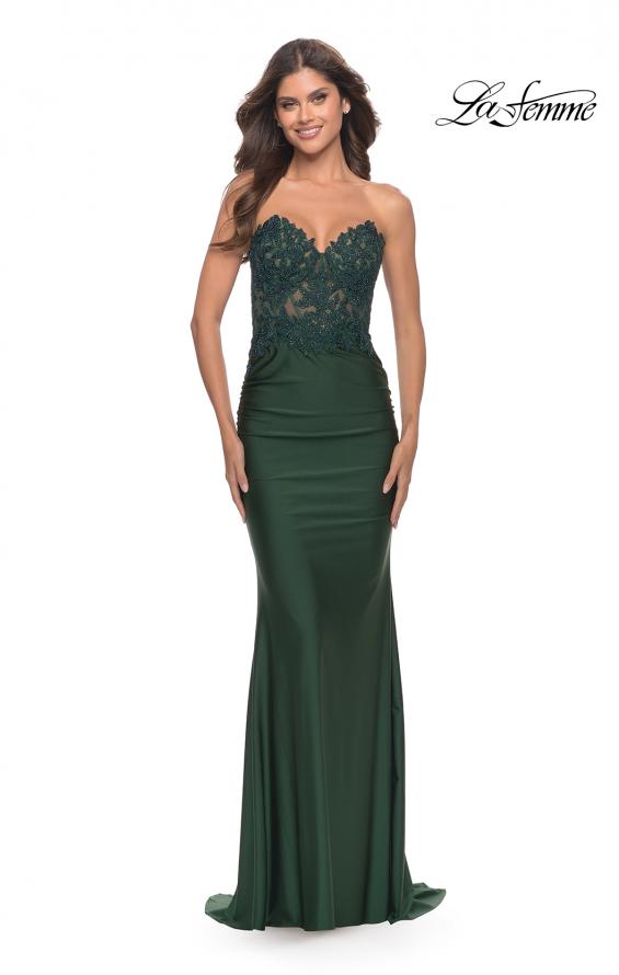 Picture of: Stunning Strapless Jeweled Lace and Jersey Dress in Dark Emerald, Style: 30720, Detail Picture 3