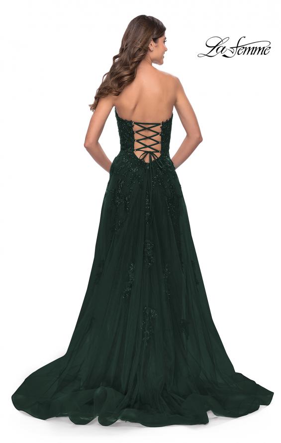 Picture of: Strapless Deep V A-Line Tulle and Lace Gown in Dark Emerald, Style: 31345, Detail Picture 3