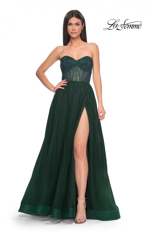 Picture of: A-Line Tulle Prom Dress with Rhinestone Fishnet Bodice in Dark Emerald, Style: 32216, Detail Picture 3
