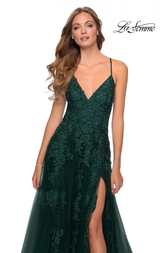 Picture of: Tulle Prom Dress with Floral Detail and Side Slit in Dark Emerald, Style: 28985, Detail Picture 4