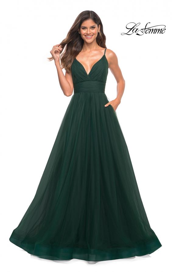 Picture of: A-line Tulle Gown with V Neckline and Pockets in Dark Emerald, Detail Picture 4